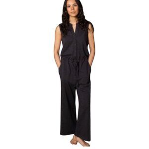 Leallo Polly Sleeveless Cropped Slub Knit Jumpsuit in Black Minimalist Women's S